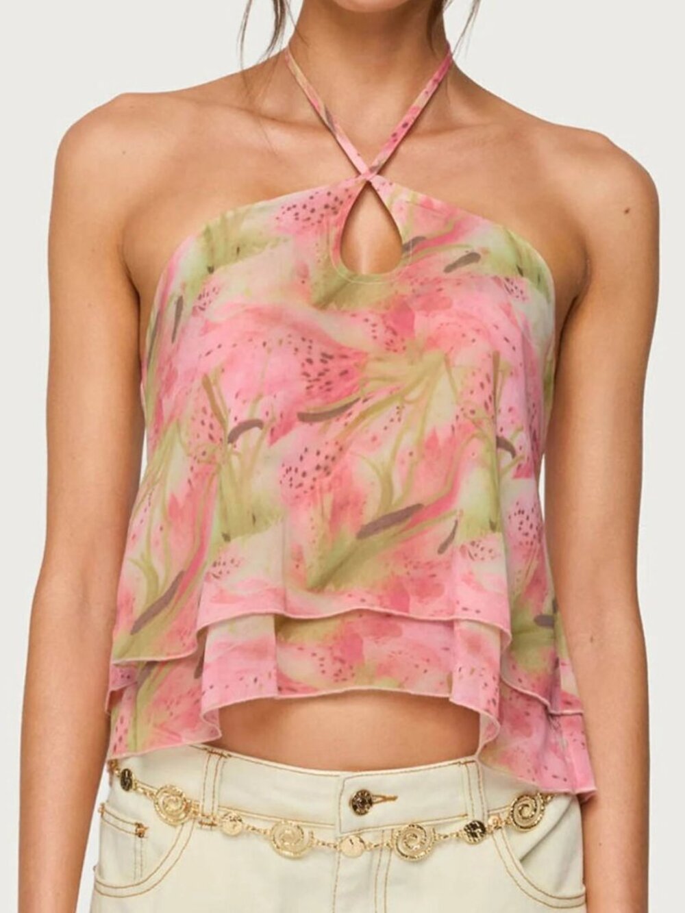 Edikted Dragon Lily Layered Mesh Halter Top - Pink / Green - Size XS